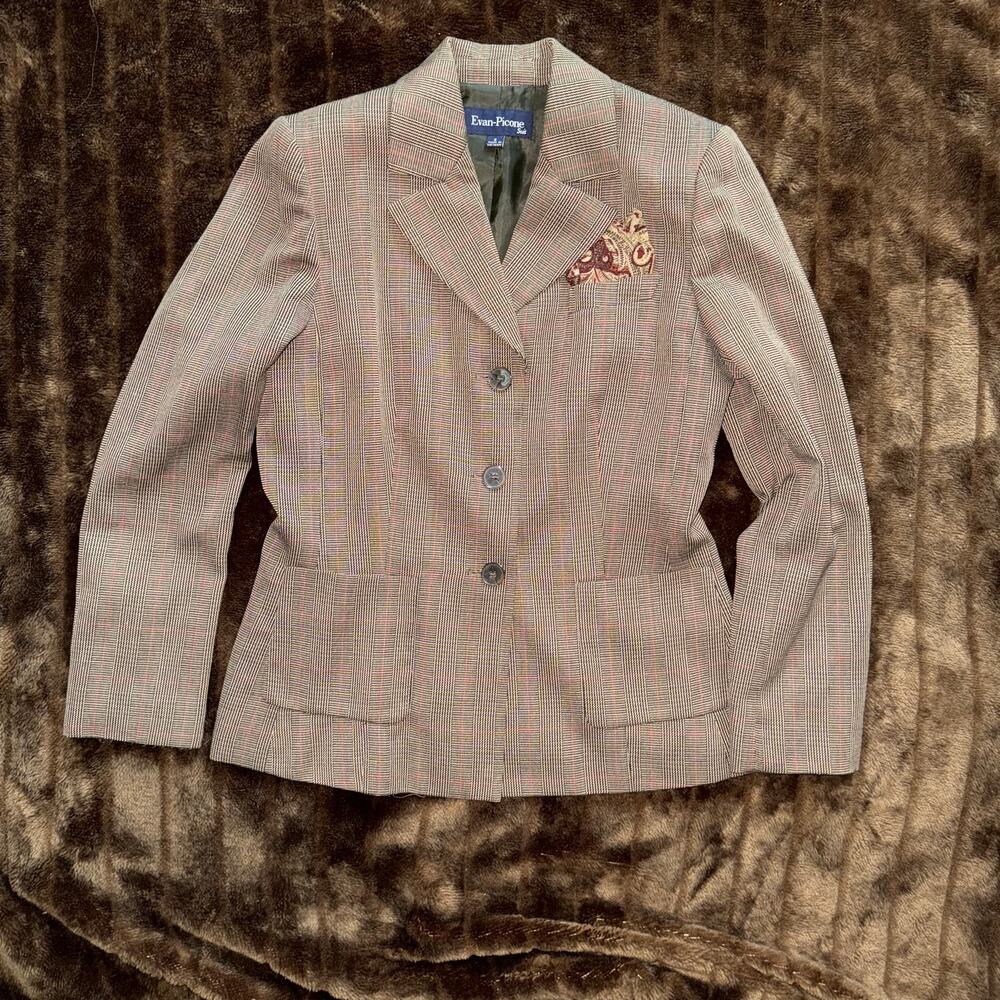 VTG Awesome Fall Look‎ Evan Picone Glen Plaid Blazer w Paisley Hanky MINT